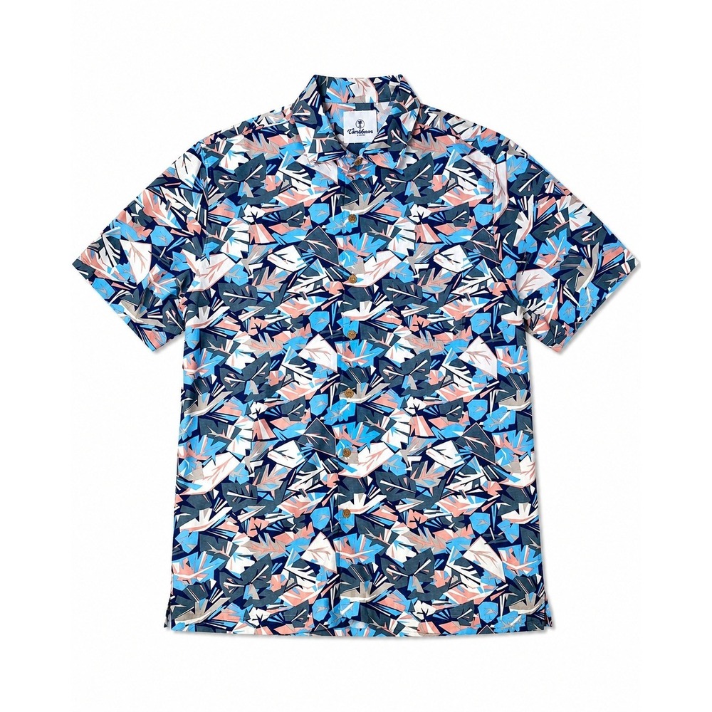 Caribbean Abstract Leaf Print Button Up Shirt Men XL Blue Pink Coastal Beach